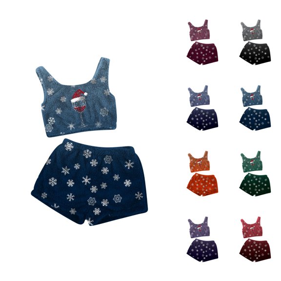 Modal Loungewear – Womens Pajama Sets & Postpartum Lounge Sets Christmas Glass Print Casual Pajama Set For Women With Suspender Shorts