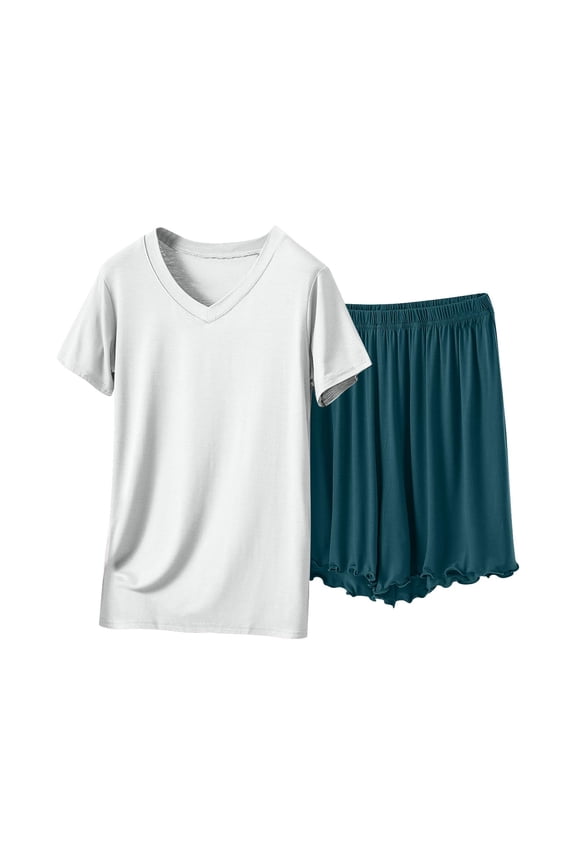 Modal Pajama Set For Women - Cooling Short Sleeve V-Neck Top with Matching Shorts | Relaxed Fit Solid Color Lounge wear with Delicate Lace Trim