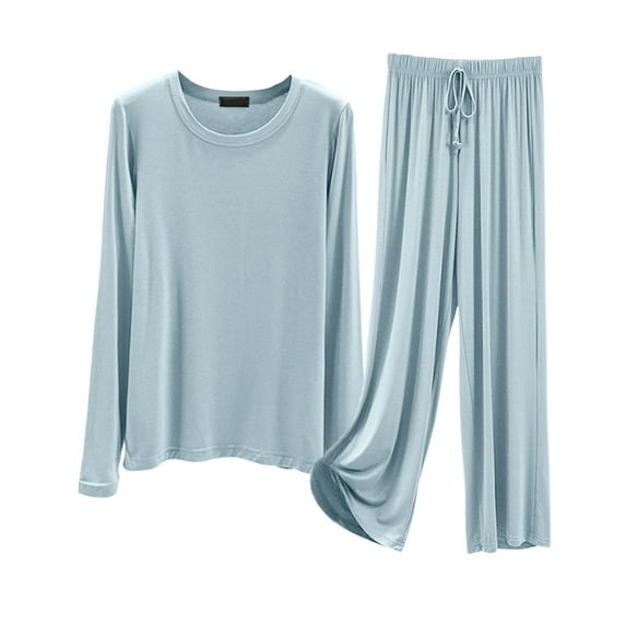 Modal Pajama Sets For Women 2 Piece Pants And Long Sleeve Outfits Fall Casual Pullover Tops & Wide Leg Pants Lounge Sets Loungewear (Light Blue,X-Large)
