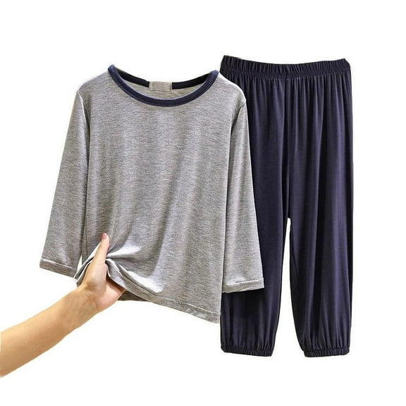 Modal Pajamas Kids Boys Solid Color 2 Piece Set Outfit Casual Crewneck Long Sleeve Shirt Pants Spring Pajama Sets Home Wear Clothes Little Sleepwear Pajamas Grey 11-12 Years