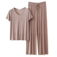 thumbnail image 1 of Modal Pajamas Women 2PSC Short Sleeve Top and Pants Soft Sleepwear Comfy Pjs Sets with Pockets Lounge Outfits Split Leg Pajama Shorts Set (Khaki,XL), 1 of 7
