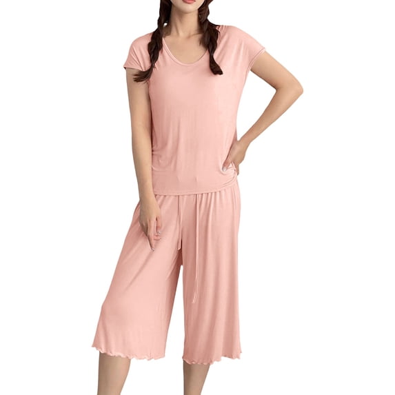 Modal Pajamas for Women Super Soft Pajama Sets Cooling Short Sleeve Top Capri Pants Pjs Breathable, Moisture-Wicking Sleepwear Summer Pjs Comfy Lounge Set Summer Fall Outfit
