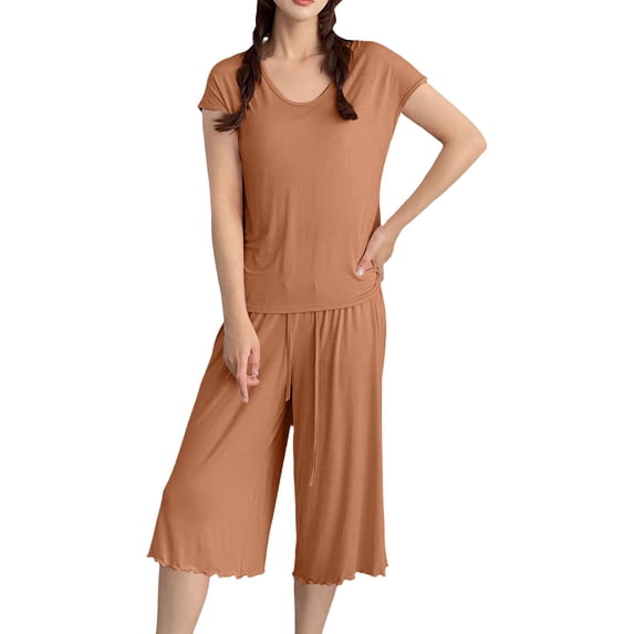 Modal Pajamas for Women Super Soft Pajama Sets Cooling Short Sleeve Top Capri Pants Pjs Breathable, Moisture-Wicking Sleepwear Summer Pjs Comfy Lounge Set Summer Fall Outfit