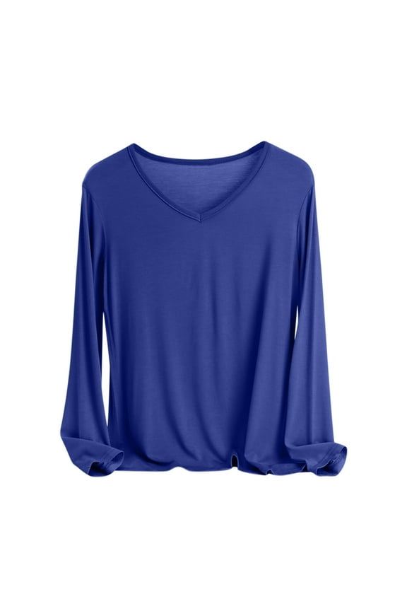 Modal Womens Long Sleeve T-Shirt V Neck Basic Tee Shirts Soft Breathable Casual Loose Fall Solid Color Tops,Blue,L