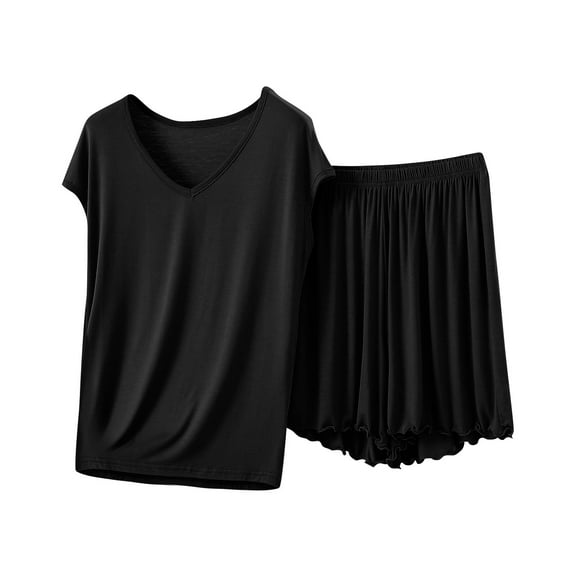 Modal Womens Pajama Sets Two Piece Summer Sleepwear Short Sleeve Frilly Shorts Set Comfort Lounge Wear Nightwear Black, M