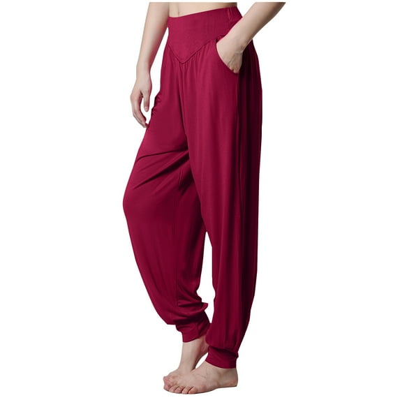 Modal Yoga Pants for Women Casual Cozy Elastic High Waist Lantern Bottoms Loose Dance Running Workout Joggers, Wine, XXXL
