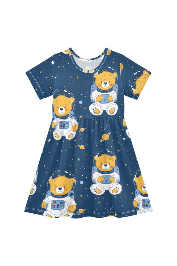 Mode with Baby Bear Astronaut Vector Cartoon Illustration Short Sleeve Dress A-Line Cute Midi Casual Sundress 2-8 Years