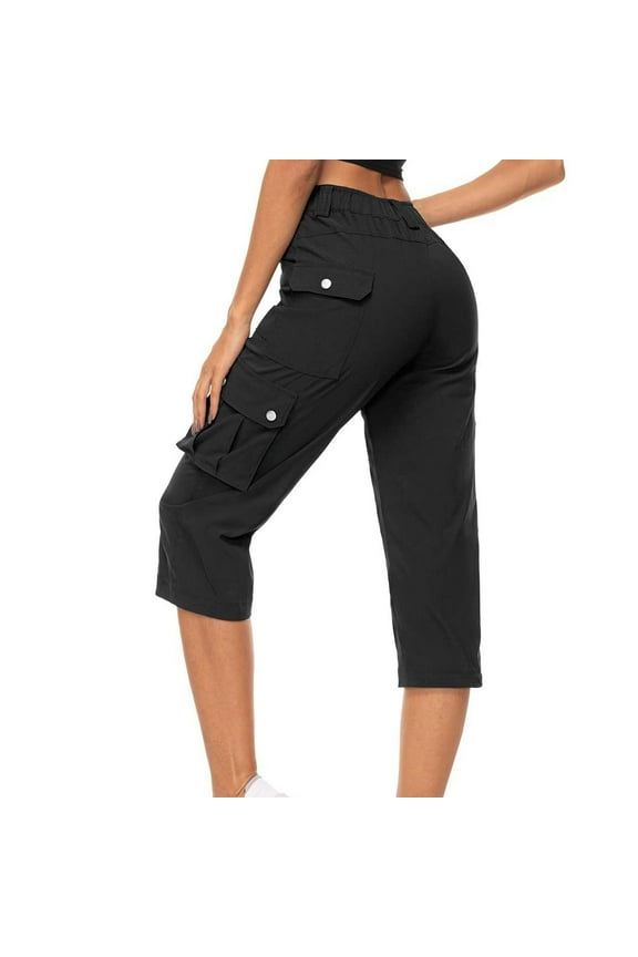 Capris Pants for Women Summer Butt Lifting Capri Mid Waisted with Pockets Button Cargo Pants Elastic Waist Exercise Trousers Sports Pants