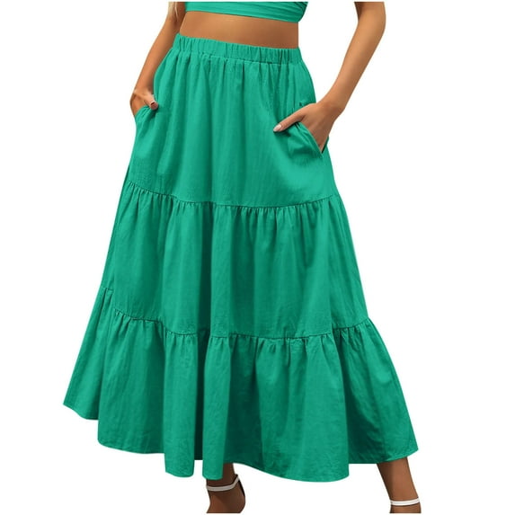 Mode24 Maxi Skirt for Women 2024 Summer Trendy Solid Color Long Skirts Fashion with Pockets Swing Elastic Waist Ruffles Skirts Soft High Waisted Dresses Green M