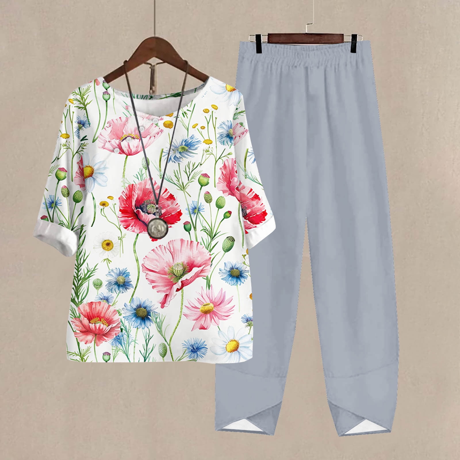 Mode24 Two Piece Outfits for Women Summer Crew Neck Short Sleeve Loose