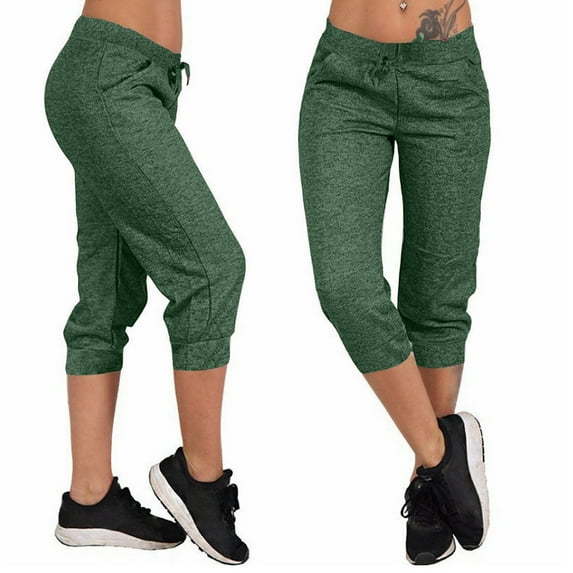 Mode24 Womens Capri Pants Summer with Pockets Drawstring Elastic Waist Capri Mid Waisted Stretchy Casual Pants Trendy Solid Color Joggers Pants Breathable Pants Army Green XXL
