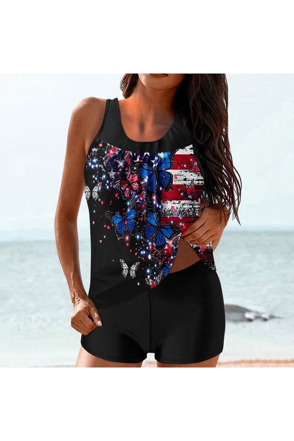 Womens Swimsuits Tummy Control Patriotic Red White Blue Beachwear Modest Two Piece Swimsuits Tankini Sets Independence Day Bathing Suit Proud Scoop Neck Beachwear 1776 Swimwear