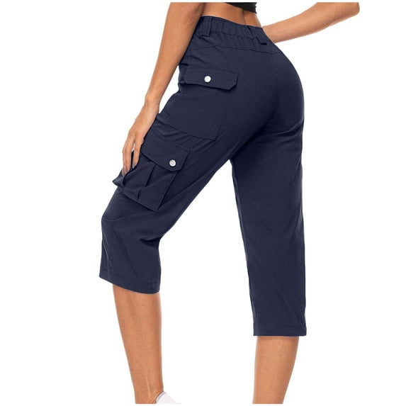 Mode24 Workout Capris for Women Summer with Pockets Capris Mid Waisted Button Cargo Pants Elastic Waist Casual Trousers Trendy Pants