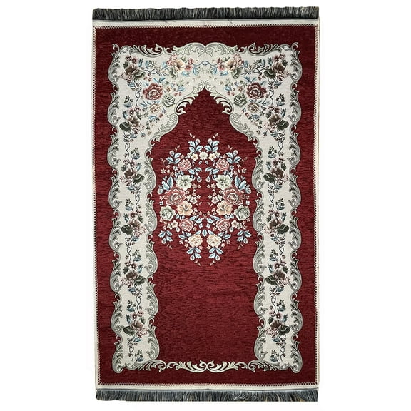 Modefa Prayer Mat | Turkish Rug Janamaz Sajjadah Musala | Standard Adult Size | Free CAR Hanger | Embroidered Floral Rose - Red