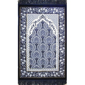 Modefa Turkish Islamic Ipek Floral Plush Velvet Prayer Rug Janamaz Sajjadah Namaz Seccade with Prayer Cap - Blue
