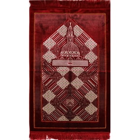 Modefa Turkish Islamic Lux Plush Regal Velvet Prayer Rug Janamaz Sajjadah Carpet with Free Prayer Cap - Mosque Red
