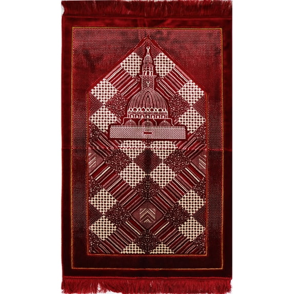 Modefa Turkish Islamic Lux Plush Regal Velvet Prayer Rug Janamaz Sajjadah Carpet with Free Prayer Cap - Mosque Red