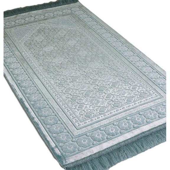 Modefa Turkish Islamic Luxury Plush Velvet Prayer Area Rug Janamaz Saajadah with Free Prayer Beads - Floral Stamp Light Blue