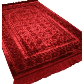 Modefa Turkish Islamic Luxury Plush Velvet Prayer Area Rug Janamaz Saajadah with Free Prayer Beads - Floral Stamp Red
