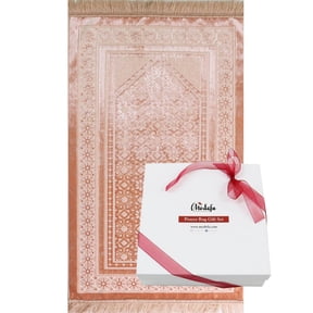 Modefa Turkish Islamic Plush Velvet Prayer Rug Carpet & Prayer Beads Tesbih Luxury Gift Box Set - Floral Stamp Light Pink