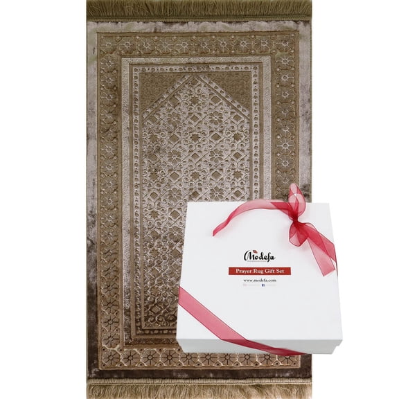 Modefa Turkish Islamic Plush Velvet Prayer Rug Carpet & Prayer Beads Tesbih Luxury Gift Box Set - Floral Stamp Mink