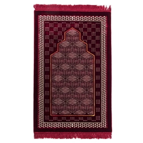 Modefa Turkish Islamic Prayer Mat Rug | Lux Plush Velvet Sajadah Janamaz | Free Prayer Cap & Beads | Geometric Mihrab - Red