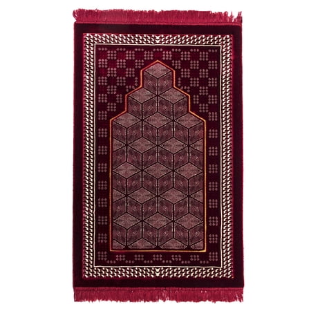 Modefa Turkish Islamic Prayer Mat Rug | Lux Plush Velvet Sajadah Janamaz | Free Prayer Cap & Beads | Geometric Mihrab - Red