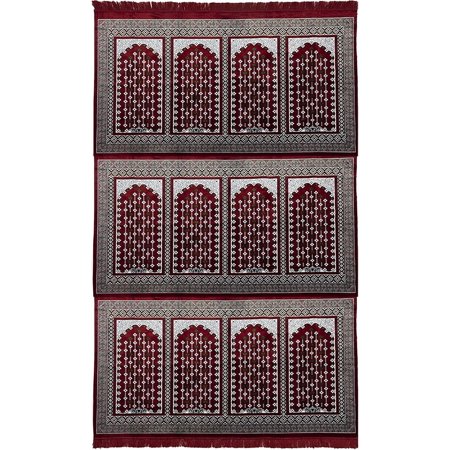 Modefa Turkish Islamic Prayer Rug - Large Group Praying Carpet - Wide Plush Velvet Mat - Multi Person Muslim Janamaz Sajada for Family - 12 Person (Vined Arch Red/Green)