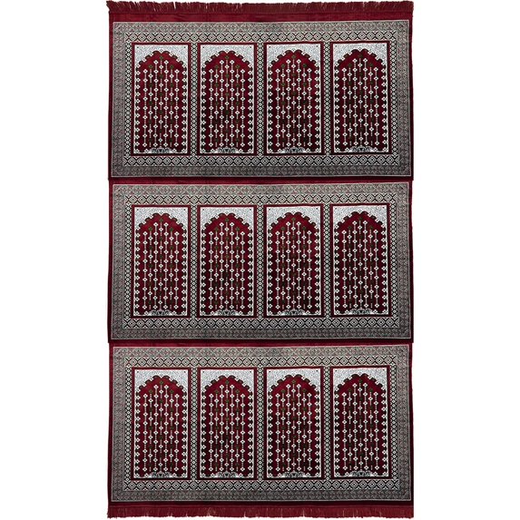 Modefa Turkish Islamic Prayer Rug - Large Group Praying Carpet - Wide Plush Velvet Mat - Multi Person Muslim Janamaz Sajada for Family - 12 Person (Vined Arch Red/Green)