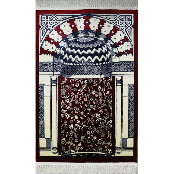 Modefa Turkish Islamic Thick Kilim Style Velvet Prayer Rug Carpet Janamaz Sajjadah Mihrab Red
