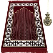 Modefa Turkish Islamic Thin Velvet Prayer Rug Carpet Janamaz Sajjadah with Free Car Hanger - Vined Arch Red