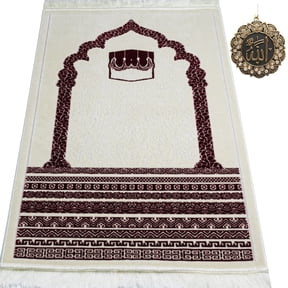 Modefa Turkish Prayer Rug | Plush Velvet Janamaz Sajadah | Standard Adult Size | Free CAR Hanger | Royal Mihrab Kaba - Red