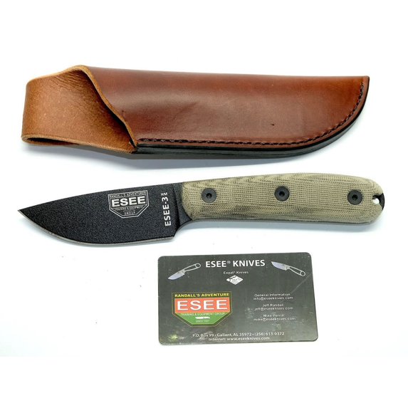 ESEE 3HM Fixed Blade Survival Knife with Black Powder Coated 1095 Steel Blade and Grey Micarta Handle, Leather Sheath