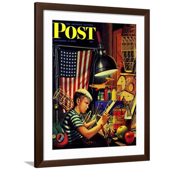 Art.com Model Airplanes, Saturday Evening Post Cover, December 9, 1944 Giclee Print by Stevan Dohanos, Brown Frame Wall Art, 32" x 40"