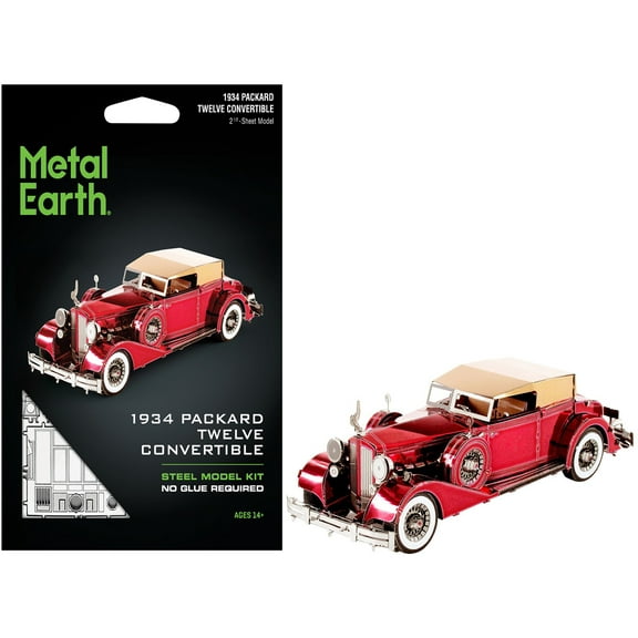 Model Kit 1934 Packard Twelve Convertible Red with Tan Soft Top (Moderate Difficulty) Steel Model by Metal Earth