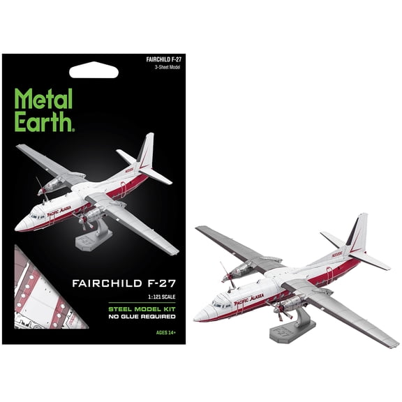 Model Kit Fairchild F-27 Commercial Aircraft "Pacific Alaska" White with Red (Moderate Difficulty) Steel Model by Metal Earth