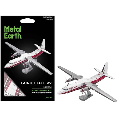 Model Kit Fairchild F-27 Commercial Aircraft "Pacific Alaska" White with Red Stripes (Moderate Difficulty) Steel Model by Metal Earth