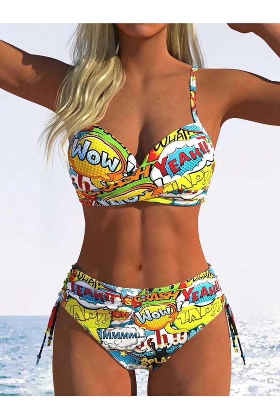 Model YC0430 Multicolor Comic Speech Bubble Print Two-Piece Bikini Set High Waist Tie-Side Swimsuit For Women