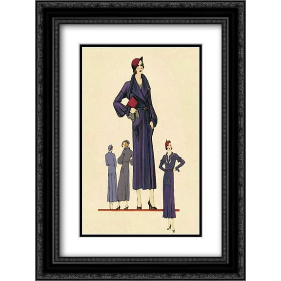 Modeles Originaur: A Blue Overcoat 2x Matted 18x24 Black Ornate Framed Art Print by Vintage Fashion