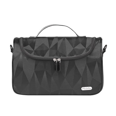 Modella Cosmetic Carryall in Black Pattern Exterior and Hot Pink Polka-Dot Interior with Zippered Compartments
