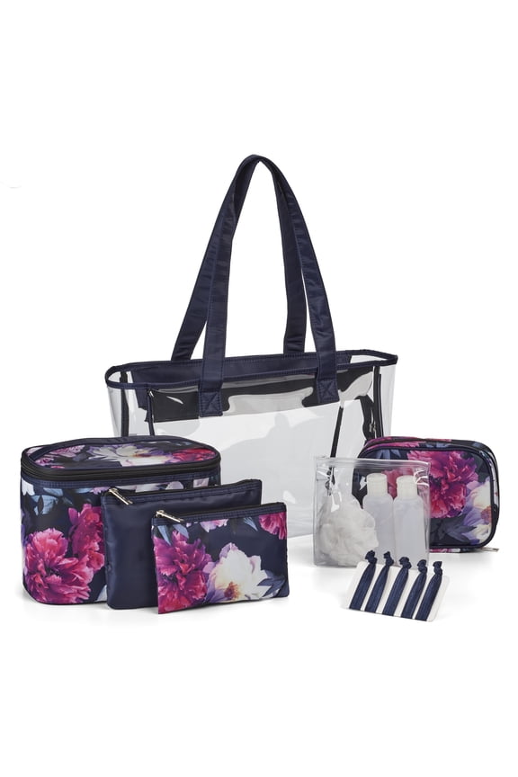 Deluxe 14-Piece PVC Travel Tote with Pink Floral Train Case, Accessory Pouches, Bath & Shower Essentials, Cosmetic Clutch, and Hair Elastics in Midnight Blue and Signature Silver Hardware