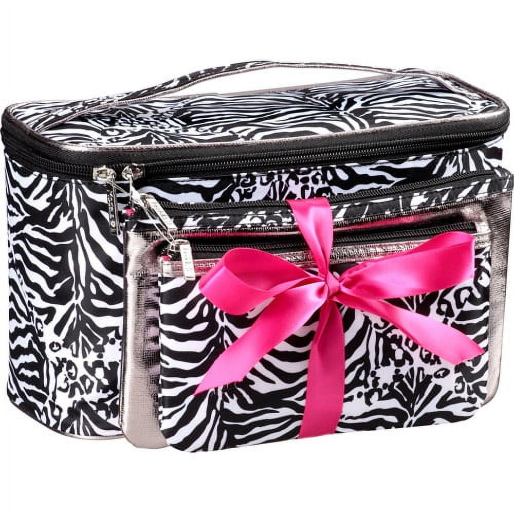 Modella Train Case Set Cosmetics Bag, Black and White Animal Print, 3