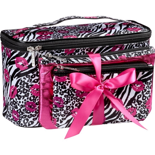 Modella Train Case Set Cosmetics Bag, Black and White Animal Print with