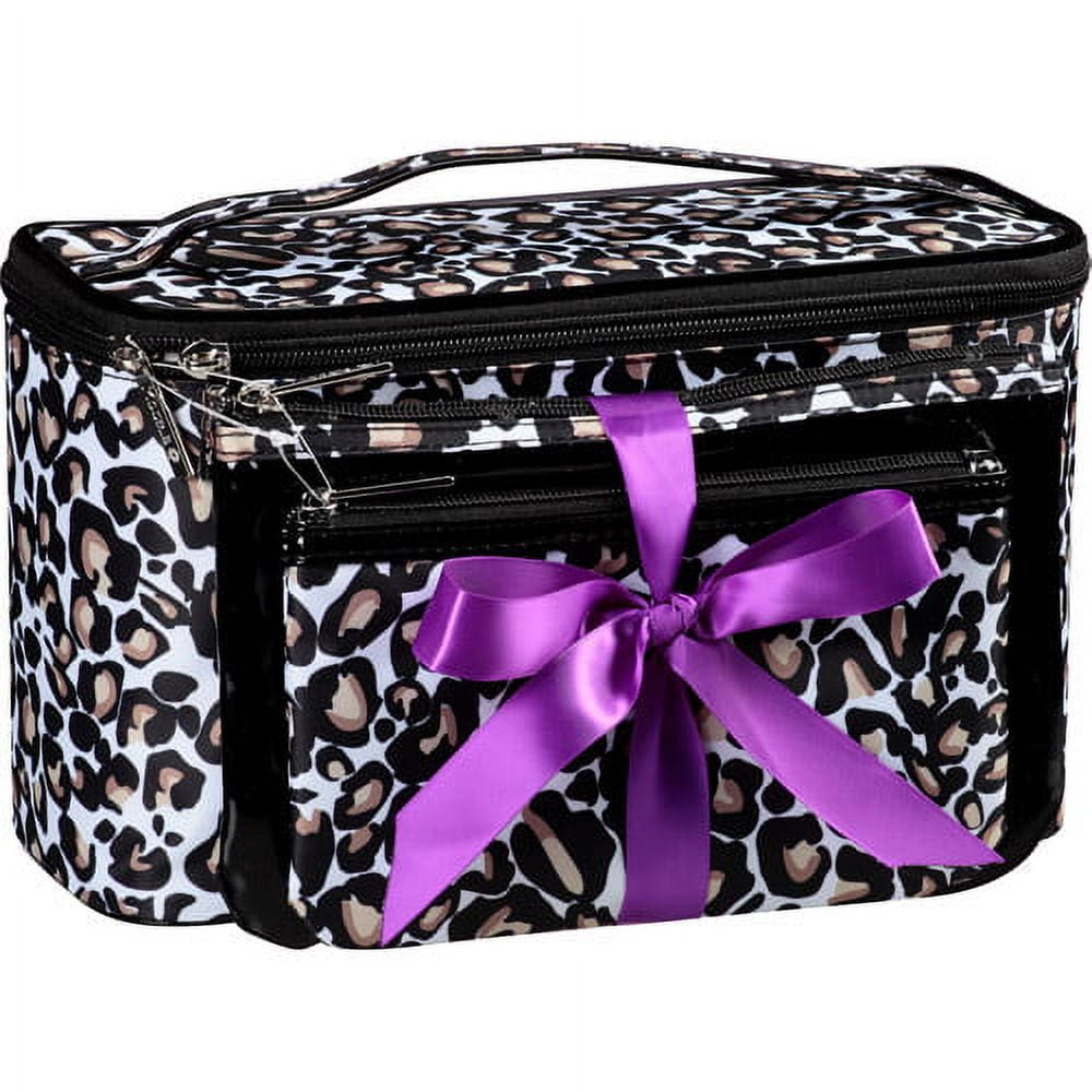 Modella Train Case Set Cosmetics Bag, White and Black Leopard Print, 3