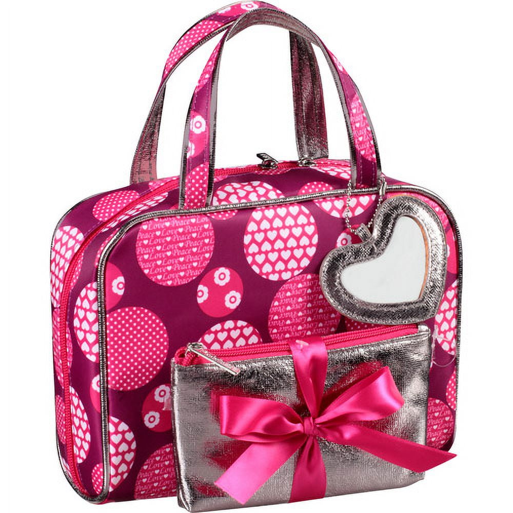 Modella Weekender Set Cosmetics Bag, Pink with Heart and Love Polka Dot