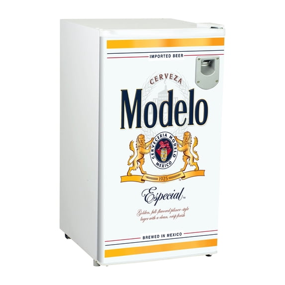 Modelo Compact Fridge w/ Bottle Opener, 3.2 cu ft (90L), White, Space-Saving Flat Back Design, Reversible Door, Tempered Glass Shelves, Licensed Modelo Artwork, Perfect for Beer-Lovers