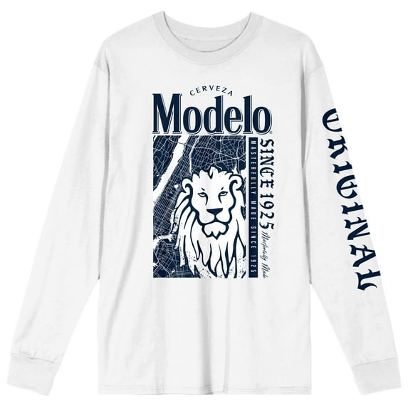 Modelo Composed Lion Art Crew Neck Long Sleeve White Adult Tee-Medium