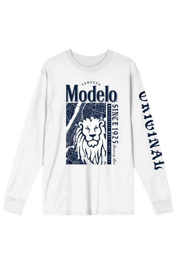 Modelo Composed Lion Art Crew Neck Long Sleeve White Adult Tee-Small