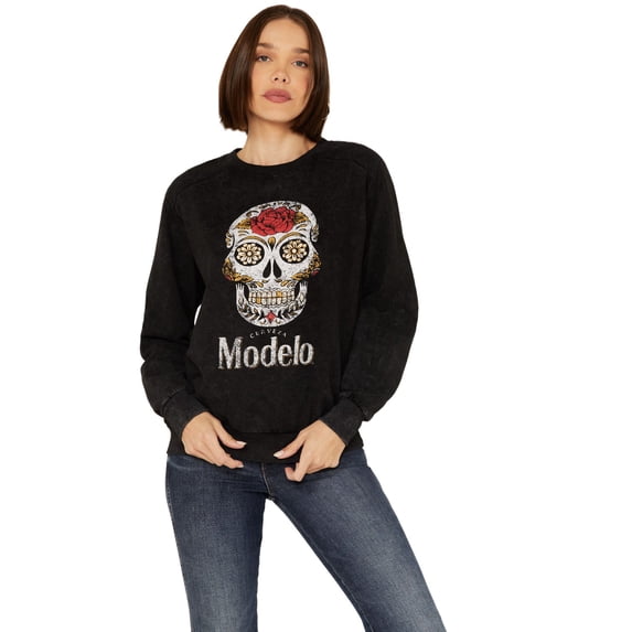 Modelo Especial 870299-xlarge Modelo Especial Sugar Skull Logo Womens Crew Sweatshirt, Black - Extra Large