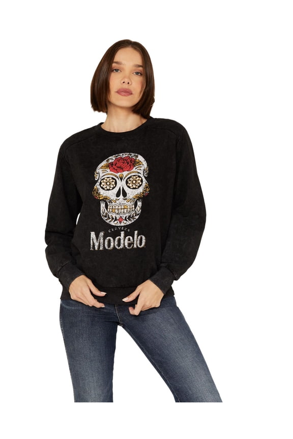 Especial 870299-xlarge Modelo Especial Sugar Skull Logo Womens Crew Sweatshirt, Black - Extra Large